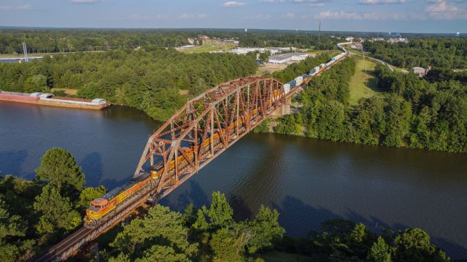 A BNSF train crosses the Tennessee-Tombigbee Waterway in Amory, Mississippi.