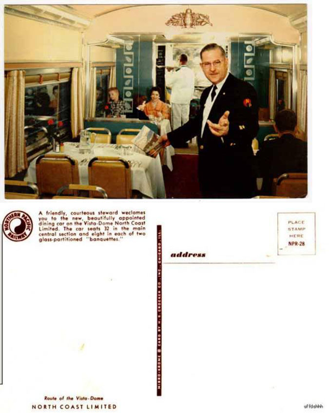 Postcard photo of the dining car on Northern Pacific Railway's North Coast Limited